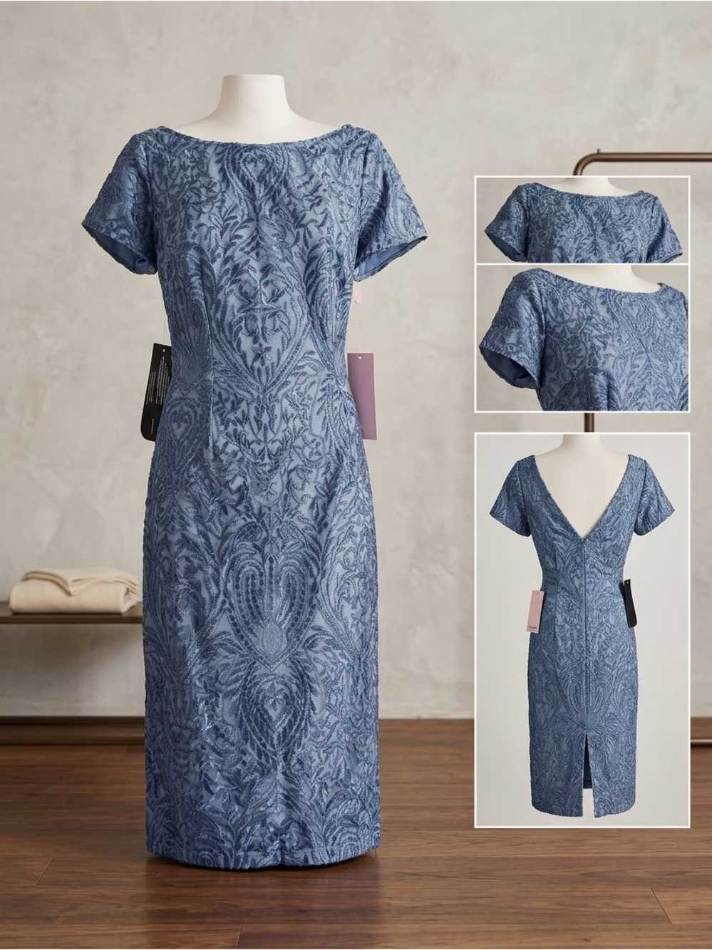 JS Collections Blue Textured Sheath Midi Dress
